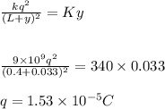 \frac{kq^2}{(L + y)^2}=Ky\\\\\\\frac{9\times 10^9 q^2}{(0.4 +0.033)^2} = 340\times0.033\\\\q= 1.53\times 10^{-5} C
