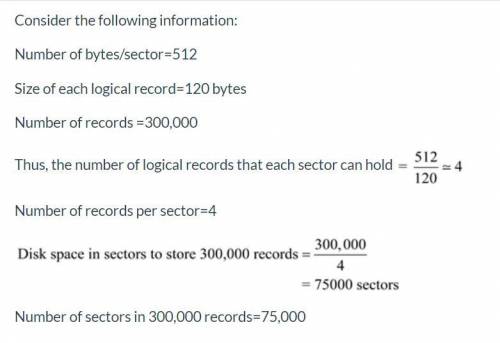 Calculate how much disk space (in sectors, tracks, and surfaces) will be required to

store 300,000