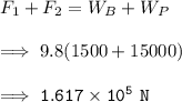F_1+F_2 = W_B + W_P \\ \\ \implies 9.8(1500+15000) \\ \\ \implies  \mathtt{1.617\times 10^5 \ N}