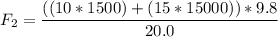 F_2 = \dfrac{((10*1500)+(15*15000))*9.8}{20.0}