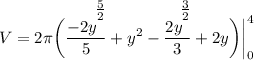 \displaystyle V = 2\pi \bigg( \frac{-2y^\bigg{\frac{5}{2}}}{5} + y^2 - \frac{2y^\bigg{\frac{3}{2}}}{3} + 2y \bigg) \bigg| \limits^4_0