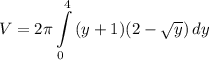 \displaystyle V = 2\pi \int\limits^4_0 {(y + 1)(2 - \sqrt{y})} \, dy