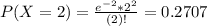 P(X = 2) = \frac{e^{-2}*2^{2}}{(2)!} = 0.2707