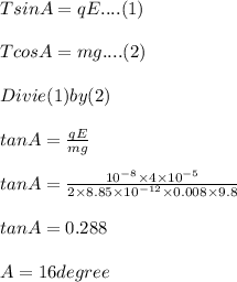 T sin A = q E....(1)\\\\T cos A = m g .... (2)\\\\Divie (1) by (2)\\\\tan A =\frac{q E}{m g}\\\\tan A = \frac{10^{-8}\times 4\times 10^{-5}}{2\times 8.85\times 10^{-12}\times 0.008\times9.8}\\\\tan A = 0.288\\\\A = 16 degree