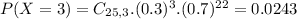 P(X = 3) = C_{25,3}.(0.3)^{3}.(0.7)^{22} = 0.0243