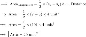 \rm\implies Area_{Trapezium}= \dfrac{1}{2}\times ( s_1 + s_2) \times   \perp \ Distance \\\\\rm\implies Area = \dfrac{1}{2} \times ( 7 + 3 ) \times 4 \ unit^2 \\\\\rm\implies Area = \dfrac{1}{2} \times ( 10) \times 4 \ unit^2 \\\\\rm\implies\boxed{\rm  Area = 20 \ unit^2}