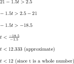 21 - 1.5t  2.5\\\\-1.5t  2.5-21\\\\-1.5t  -18.5\\\\t < \frac{-18.5}{-1.5}\\\\t < 12.333 \text{ (approximate)}\\\\t < 12 \text{ (since t is a whole number)}\\\\