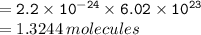 { \tt{ = 2.2 \times  {10}^{ - 24}  \times 6.02 \times  {10}^{23} }} \\  = 1.3244 \: molecules