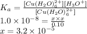 K_{a} = \frac{[Cu(H_{2}O)^{2+}_{6}][H_{3}O^{+}]}{[Cu(H_{2}O)^{2+}_{6}]}\\1.0 \times 10^{-8} = \frac{x \times x}{0.10}\\x = 3.2 \times 10^{-5}