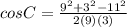 cosC=\frac{9^2+3^2-11^2}{2(9)(3)}