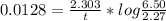 0.0128=\frac{2.303}{t}*log\frac{6.50}{2.27}