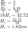 \frac{H_1}{H_0}=\frac{v}{u}\\\frac{H_1}{4}=\frac{8.18}{18}\\18H_i=32.72\\H_i=\frac{32.72}{18}\\H_i= 1.82cm