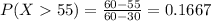 P(X  55) = \frac{60 - 55}{60 - 30} = 0.1667
