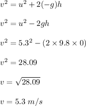 v^2 = u^2 + 2(-g)h\\\\v^2 = u^2 - 2gh\\\\v^2 = 5.3^2 - (2\times 9.8 \times 0)\\\\v^2 = 28.09\\\\v= \sqrt{28.09} \\\\v = 5.3 \ m/s
