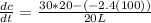 \frac{dc}{dt}=\frac{30*20-(-2.4(100))}{20L}