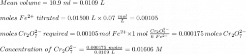 Mean\ volume = 10.9\ ml = 0.0109\ L\\\\moles\ Fe^{2+} \ titrated = 0.01500 \ L \times 0.07\ \frac{mol}{L} = 0.00105 \\\\moles\ Cr_2O_7^{2-}\ required = 0.00105\ mol\  Fe^{2+} \times 1 \ mol\  \frac{Cr_2O_7^{2-}}{6 \mol\ Fe^{2+} } = 0.000175 \ moles\  Cr_2O_7^{2-}\\\\Concentration \ of\ Cr_2O_7^{2-} = \frac{0.000175\ moles}{0.0109\ L} = 0.01606\ M\\\\