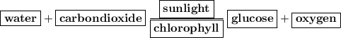 { \boxed{ \bf{water}}} + { \boxed{ \bf{carbondioxide}}} \: { \bf{ \frac{{ \boxed{ \bf{sunlight}}}}{{ \boxed{ \bf{chlorophyll}}}} }} \: { \boxed{ \bf{glucose}}} + { \boxed{ \bf{oxygen}}} \\