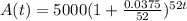 A(t) = 5000(1 + \frac{0.0375}{52})^{52t}