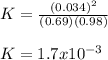 K=\frac{(0.034)^2}{(0.69)(0.98)}\\\\K=1.7x10^{-3}