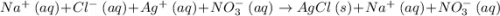 Na^+\ (aq)+Cl^- \ (aq) +Ag^+ \ (aq)+NO_3^- \ (aq) \to  AgCl\ (s)+Na^+ \ (aq)+NO_3^-\ (aq) \\\\