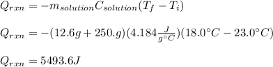 Q_{rxn}=-m_{solution}C_{solution}(T_f-T_i)\\\\Q_{rxn}=-(12.6g+250.g)(4.184\frac{J}{g\°C} )(18.0\°C-23.0\°C)\\\\Q_{rxn}=5493.6J