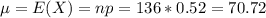 \mu = E(X) = np = 136*0.52 = 70.72