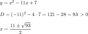 y=x^{2} -11x+7\\\\D=(-11)^{2} -4 \cdot 7=121-28=93 \:  0\\\\x=\dfrac{11 \pm \sqrt{93} }{2}