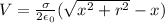 V=\frac{\sigma}{2\epsilon_0}(\sqrt{x^2+r^2}-x)