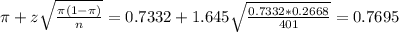 \pi + z\sqrt{\frac{\pi(1-\pi)}{n}} = 0.7332 + 1.645\sqrt{\frac{0.7332*0.2668}{401}} = 0.7695