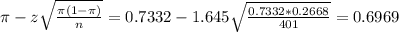 \pi - z\sqrt{\frac{\pi(1-\pi)}{n}} = 0.7332 - 1.645\sqrt{\frac{0.7332*0.2668}{401}} = 0.6969
