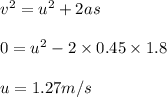 v^2 = u^2 + 2 a s \\\\0 = u^2 - 2 \times 0.45\times 1.8\\\\u = 1.27 m/s