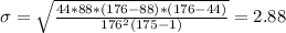 \sigma = \sqrt{\frac{44*88*(176-88)*(176-44)}{176^2(175-1)}} = 2.88