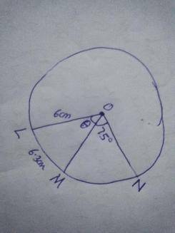 In circle O, the length of radius OL is 6 cm and the length of arc LM is 6.3 cm. The measure of angl