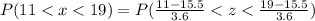 P(11< x< 19) = P(\frac{11-15.5}{3.6}