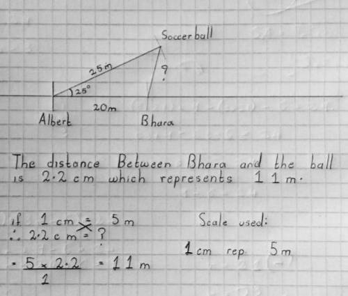 Two kids, Albert and Bhara, are 20.0 m apart. Albert sees a soccer ball 25.0 m away. If the angle be