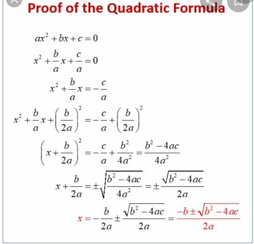 A portion of the Quadratic Formula proof is shown. Fill in the missing statement. Statements Reasons