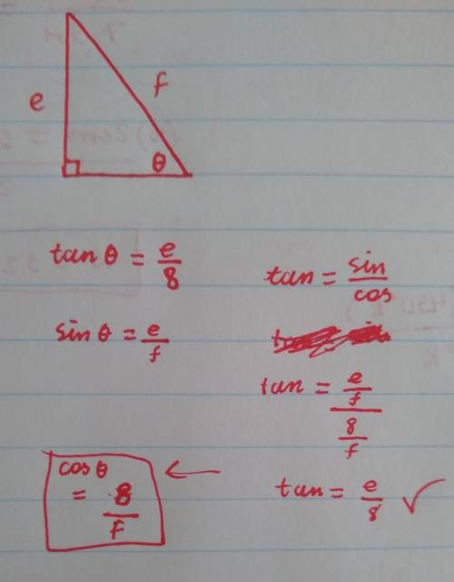 An image of a right triangle is shown with an angle labeled x.

If tan x° = e divided by 8 and sin x