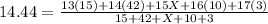 14.44=\frac{13(15)+14(42)+15X+16(10)+17(3)}{15+42+X+10+3}