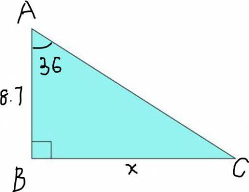 ABC is a right-angled triangle. Angle B = 90. Angle A = 36. AB = 8.7 cm. Work out the length of BC.