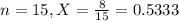 n = 15, X = \frac{8}{15} = 0.5333