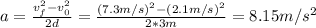 a = \frac{v_{f}^{2} - v_{0}^{2}}{2d} = \frac{(7.3 m/s)^{2} - (2.1 m/s)^{2}}{2*3 m} = 8.15 m/s^{2}