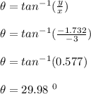 \theta = tan^{-1} (\frac{y}{x} )\\\\\theta = tan^{-1} (\frac{-1.732}{-3} )\\\\\theta = tan^{-1} (0.577)\\\\\theta = 29.98 \ ^0