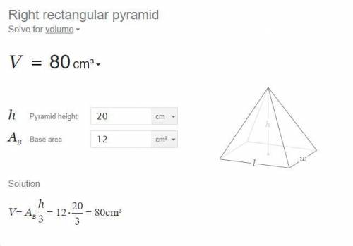 Calculate the volume pyramid whose height de Priangular by of a 20cm, and has base of 8cm by 12cm by