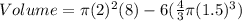 Volume = \pi (2)^2(8) - 6 (\frac{4}{3} \pi (1.5)^3)