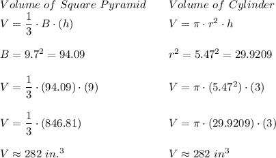 \begin{array}{lcl}Volume \ of \ Square \ Pyramid&&Volume \ of \ Cylinder\\V = \dfrac{1}{3} \cdot B\cdot (h)&&V = \pi \cdot r^2 \cdot h\\\\B = 9.7^2 = 94.09 && r^2 = 5.47^2 = 29.9209\\\\V = \dfrac{1}{3} \cdot (94.09)\cdot (9)&&V = \pi \cdot (5.47^2) \cdot (3)\\\\V=  \dfrac{1}{3} \cdot (846.81)&&V = \pi \cdot (29.9209) \cdot (3)\\\\V \approx 282 \ in.^3&&V \approx 282 \ in^3\end{array}