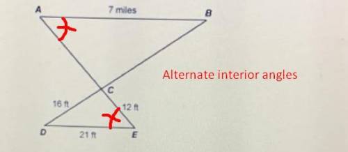 Using the diagram below, which of the following parts of the triangles are

congruent?
7 miles
B
С
1
