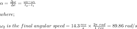 \alpha = \frac{\Delta \omega }{\Delta t} = \frac{\omega _2 - \omega_1}{t_2-t_1}\\\\where;\\\\\omega_2 \ is \ the \ final \ angular \ speed = 14.3 \frac{rev}{s} \times \frac{2\pi \ rad}{1 \ rev} = 89.86 \ rad/s