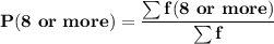 \mathbf{P(8 \ or \ more) = \dfrac{\sum f(8 \ or \ more)}{\sum f}}