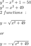 y^2-x^2+1=50\\y^2=x^2+49\\2\ functions \ :\\\\y=\sqrt{x^2+49} \\\\or\\\\y=-\sqrt{x^2+49} \\