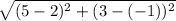 \sqrt{(5-2)^2+(3-(-1))^2}
